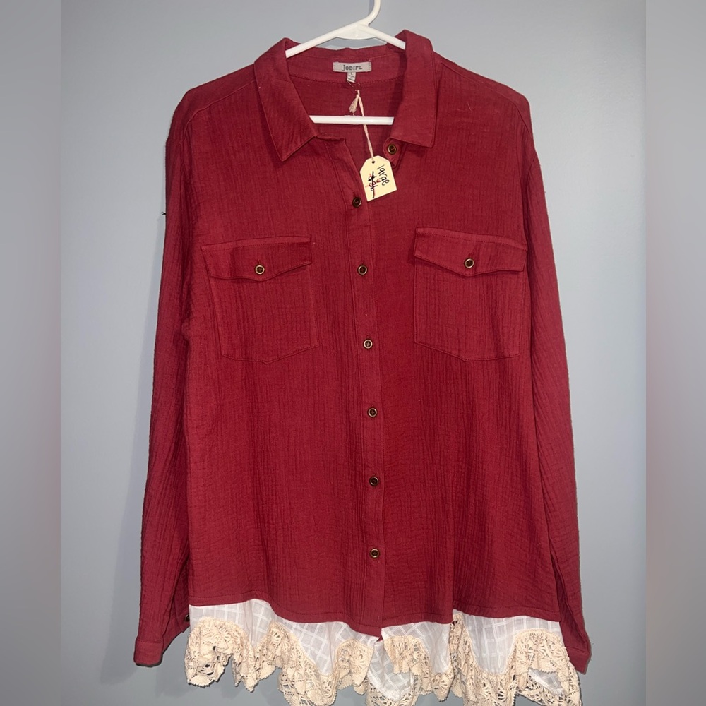 JODIFL Red Long Sleeve Button Down Shirt with Notched Collar and Lace Bottom